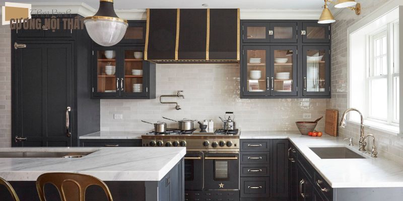 Tủ bếp nhôm cánh kính với khung nhôm hợp kim