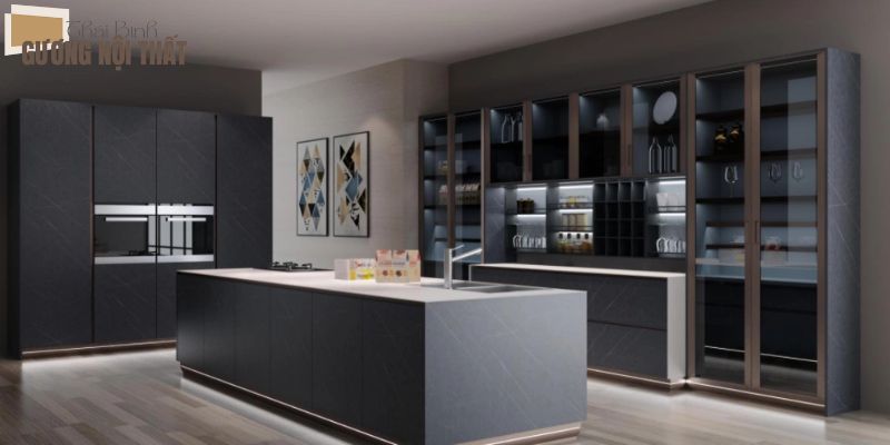 Tủ bếp nhôm kính cánh kính màu hiện đại