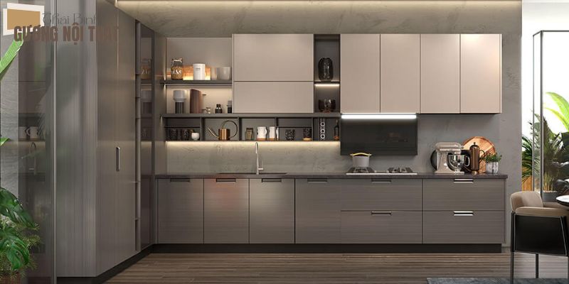 Tủ bếp nhôm kính chữ L màu ghi xám